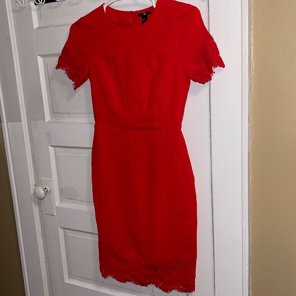 Red orange midi dress with zipper in the back